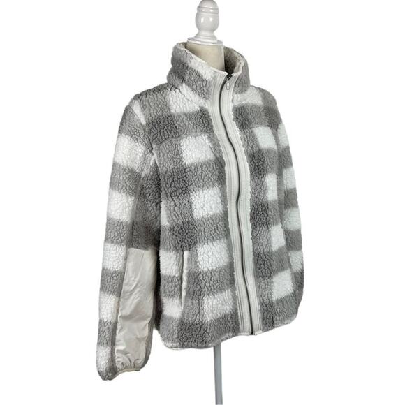 A&F Sherpa Check Fleece Plaid Full Zip Jacket Coat Gray and White Size Medium - Picture 7 of 16